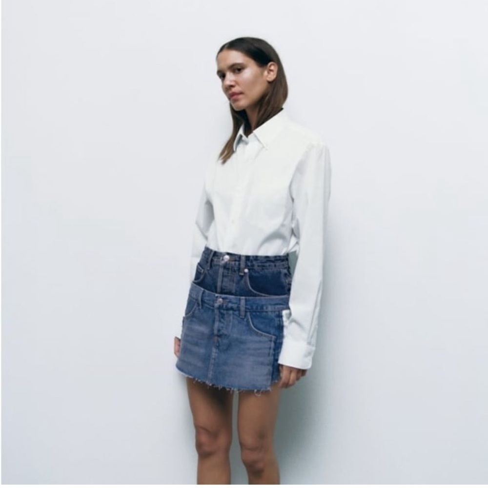 ZARA ZW Denim Mini Skirt Double Waisted Upcycled Ultra Mini Size Small